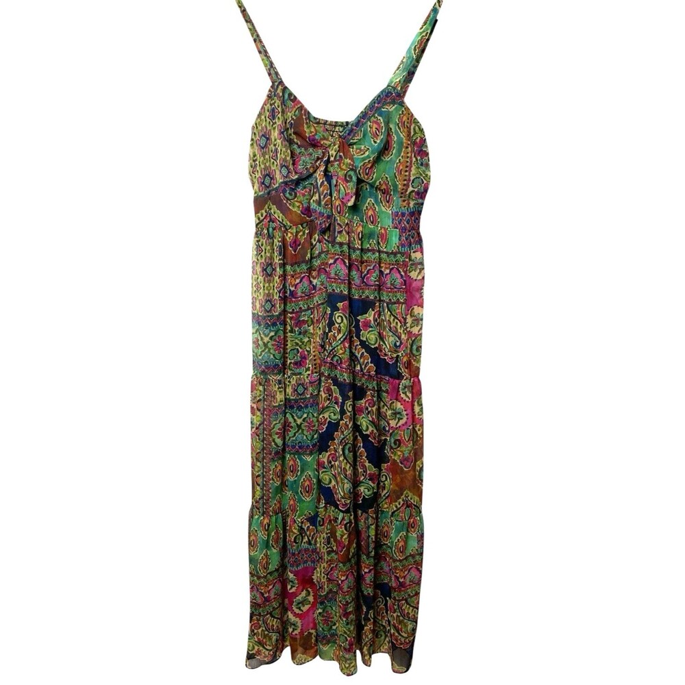 Robbie Bee Boho Paisley Festival Maxi Dress Womens 14 Chiffon Smocked Sleeveless